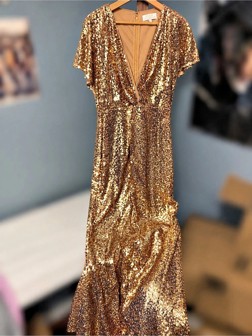 Boohoo Sequin Angel Sleeve Maxi Dress Brown